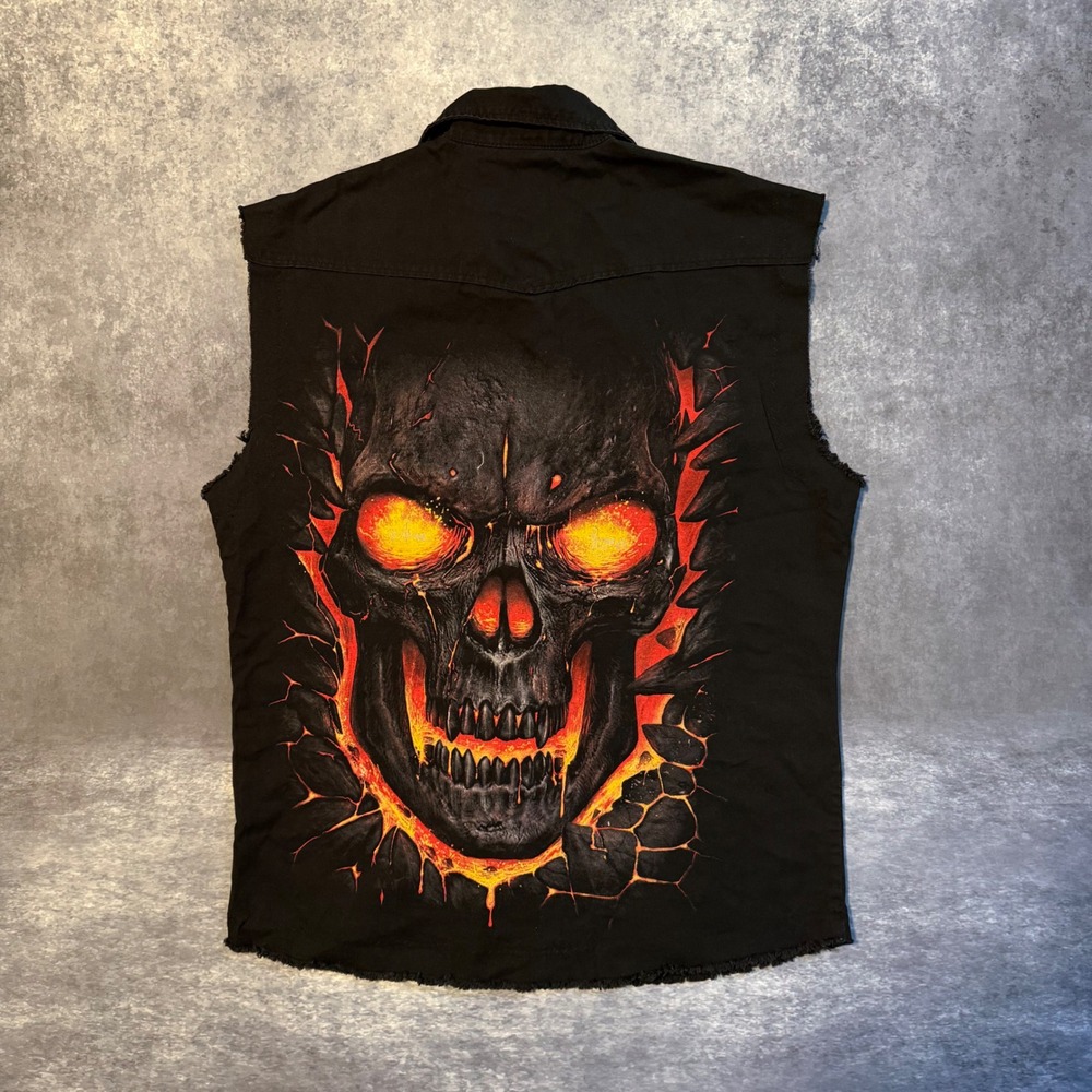 Y2K Mens XL Black Denim Sleeveless Shirt Flaming Skulls Graphic Vest